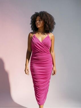 Ruched Wrap Midi Dress in Magenta